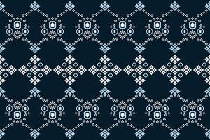 Traditional ethnic motifs ikat geometric fabric pattern cross stitch.Ikat embroidery Ethnic oriental Pixel navy blue background. Abstract,illustration. Texture,decoration,wallpaper. vector