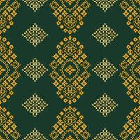 Traditional ethnic motifs ikat geometric fabric pattern cross stitch.Ikat embroidery Ethnic oriental Pixel green background. Abstract,illustration. Texture,decoration,wallpaper. vector