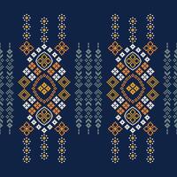 Traditional ethnic motifs ikat geometric fabric pattern cross stitch.Ikat embroidery Ethnic oriental Pixel navy blue background. Abstract,illustration. Texture,decoration,wallpaper. vector