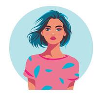 ilustración avatar icono para social redes, De las mujeres día, feminismo día, hermosa brillante niña con azul cabello, fuerte mujer, proteccion y libertad de De las mujeres derechos vector