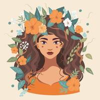 retrato de un muy hermosa mujer hermosa niña mujer. flores en tu cabello. peinado. tarjeta postal póster bandera De las mujeres día. vector