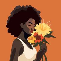 retrato de un muy hermosa africano Rizado muchacha. niña con flores en su manos. tarjeta postal póster bandera De las mujeres día. feminismo. vector