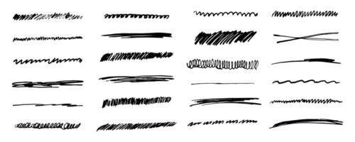strikethrough underlines, set brush stroke, marker lines grunge curve, wvy free hand marks textured simple borders isolated on white background. Creative collection scribble brush or crayon checks. vector