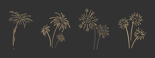 Set gold fireworks, firecrackers golden burst, rays festive doodle sparkle lights isolated on dark background.Celebration, Party Icon, Anniversary, New Year Eve, independence. vector