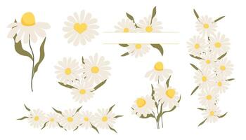 Set flower border daisy frames, floral decorations. Cute stickers, collection flowers petals, blossom with stem and leaves. vector