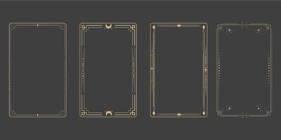 taLine golden frame, celestiam minimal esoteric border, mystyc linear decoration with dots, corners isolated on dark background. Geometric shape, tarrot vector