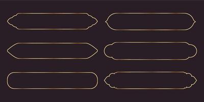 Set long frame thin line gold border shiny panel empty interface fantasy game menu isolated on dark background. Elegant medieval metal design. vector