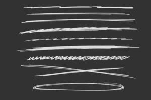 Strikethrough underlines, set chalk stroke, marker lines grunge curve, wvy free hand marks textured simple borders isolated on dark background. Creative collection scribble brush or crayon checks. vector