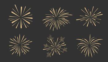 Set gold fireworks, firecrackers golden burst, rays festive doodle sparkle lights isolated on dark background.Celebration, Party Icon, Anniversary, New Year Eve, independence. vector