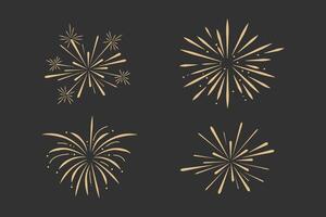 Set gold fireworks, firecrackers golden burst, rays festive doodle sparkle lights isolated on dark background.Celebration, Party Icon, Anniversary, New Year Eve, independence. vector