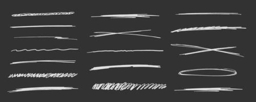 Strikethrough underlines, set chalk stroke, marker lines grunge curve, wvy free hand marks textured simple borders isolated on dark background. Creative collection scribble brush or crayon checks. vector