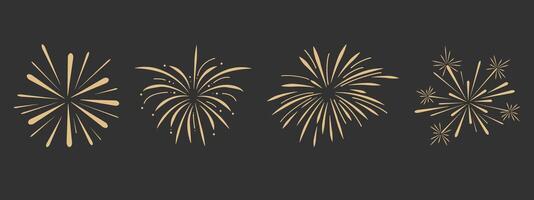 Set gold fireworks, firecrackers golden burst, rays festive doodle sparkle lights isolated on dark background.Celebration, Party Icon, Anniversary, New Year Eve, independence. vector