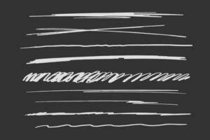 Strikethrough underlines, set chalk stroke, marker lines grunge curve, wvy free hand marks textured simple borders isolated on dark background. Creative collection scribble brush or crayon checks. vector
