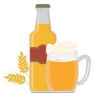Bottle and mug with beer, color illustration in cartoon style vector