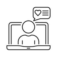 Online Chat Line Icon. Comment, Feedback, Message Sign. Laptop With Man And Speech Bubble Linear Pictogram. Dialog Outline Symbol. Editable Stroke. Isolated Illustration vector