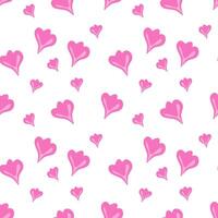 Seamless pattern with pink flower petals in shape of heart in doodle style, on white background. vector