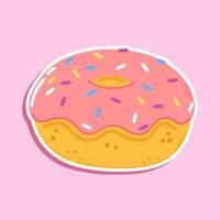 Sticker Doughnut character. Hand drawn cartoon kawaii character illustration icon. Isolated on pink background. Doughnut character concept vector