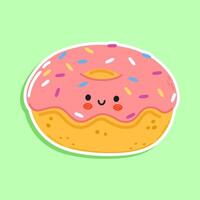 Sticker Doughnut character. Hand drawn cartoon kawaii character illustration icon. Isolated on green background. Doughnut character concept vector