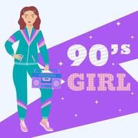 A girl in a tracksuit with a retro-style tape recorder. 90 characters. y2k characters. Fashion of the 90s. vector