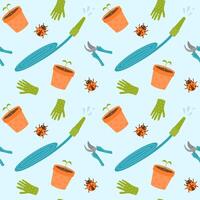 Seamless pattern with garden hose, gloves, flower pot, pruner and ladybug. vector