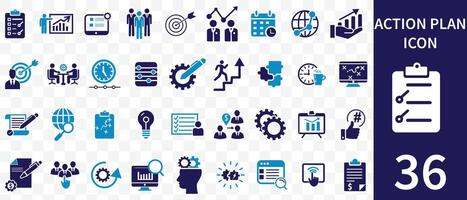 Action plan icon set. Containing planning, schedule, strategy, analysis, tasks, goal, collaboration and objective icons. Solid icon collection. vector