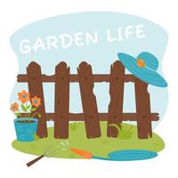 A composition of a garden hose, a flower pot, a fence, a hat, a rake. vector