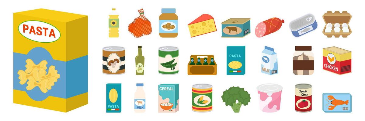 Grocery food set illustration. Cartoon fruit and vegetables, meat, bakery, confectionery and dairy products, colorful elements for cooking. Supermarket list, diet plan concept.