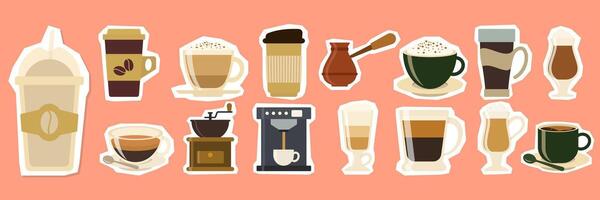 Coffee sticker set. Different types of drinks. Espresso, americano cup, cappuccino and latte in paper mug, iced macchiato in glass. Flat illustrations isolated on white background vector