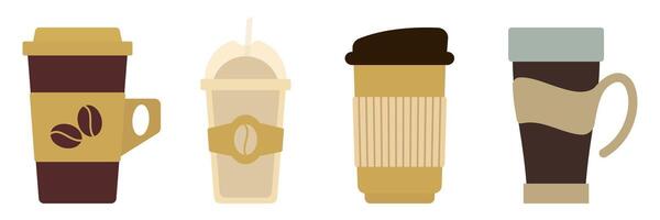 Take away coffee. Different types of drinks set. Espresso, americano cup, cappuccino and latte in paper mug, iced macchiato in glass. Flat illustrations isolated on white background. vector