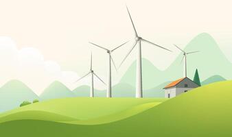 a cartoon image of a farm with wind turbines in the background. vector