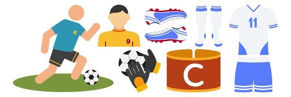 Soccer or football player sport championship fan set. Team t-shirt, scarf, whistle, ball, goal, tournament cup, foam hand, trumpet, hat. Competition match attributes flat illustration. vector