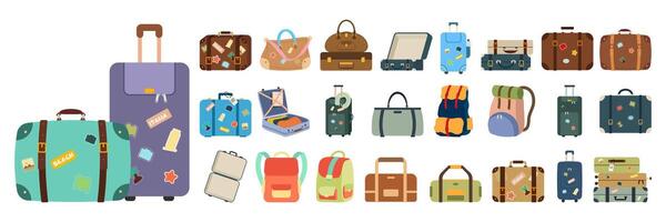 Summer travel vacation Icons luggage. Flat style. Suitcases and backpacks. Illustration vector