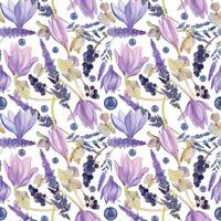 Hand drawn watercolor illustration shabby boho botanical flowers leaves. Crocus saffron rose hip veronica hortensia lavender berries. Seamless pattern isolated on white. Design wedding, paper, fabric vector