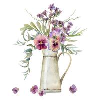 Hand drawn watercolor illustration botanical flowers leaves. Mauve pansy viola, locust indigo branch, willow eucalyptus, bergenia heliotrope, tendrils. Bouquet in jug isolated on white. Wedding, cards vector
