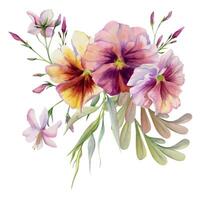 Hand drawn watercolor illustration botanical flowers leaves. Pansy viola, locust indigo branch, pink lobelia jasmine, willow eucalyptus. Bouquet isolated white background. Design wedding, love cards vector