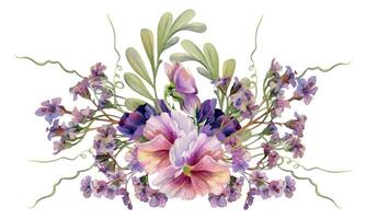 Hand drawn watercolor illustration botanical victorian flowers leaves. Mauve pansy viola, locust indigo branch, bergenia heliotrope lungwort, tendrils. Bouquet isolated on white. Design wedding, cards vector