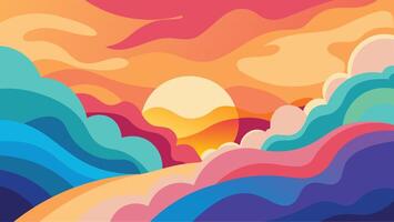 vibrante resumen Arte representando un puesta de sol paisaje con atrevido, ondulado líneas y vívido colores. Perfecto para creativo proyectos, digital obra de arte, o moderno decoración. capturas el dinámica belleza de naturaleza. vector