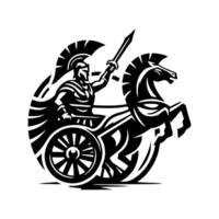 gladiador en carruaje logo romano gladiador en rueda carro montando caballos. vector