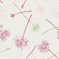 Spider lily flowers seamless pattern. Hand drawn exotic plants Lycoris. Vintage floral ornament. vector