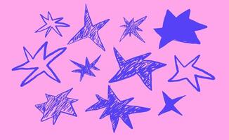 Abstract pink background with drawing stars shape. Spiked Grunge charcoal scrawl stars. Freehand crayon pencil starry elements. vector