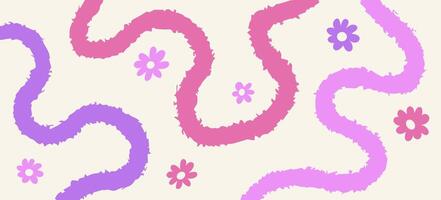 Abstract pink minimalistic background with wavy line and flowers. Backdrop with organic curvy curly stripe. Wave line art vector