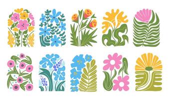 Groovy abstract floral arch. Wavy retro flower plant in naive hippie 60s 70s style. Floral botanicframe vector