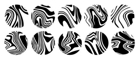 Set of liquid circle shape. Abstract round with wavy fluid line. Textured line sticker in retro 70s style. vector