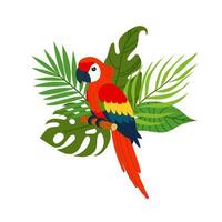 A tropical forest. Composition of tropical plants and tropical bird. Parrot on a background of tropical branches in a flat style. vector