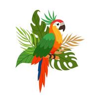 Parrot on a background of tropical plants in a flat style. Composition of tropical plants and tropical birds. Summer tropical sticker. vector