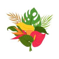 Composition of tropical leaves and flowers in flat style. Decorative tropical bouquet. Summer plants. vector