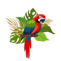 Parrot on a background of tropical branches in a flat style. Composition of tropical plants and tropical bird. vector