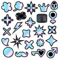 y2k holographic silver stickers. Set of geometric icons in 2000s style with holographic effect. Holographic icons. vector