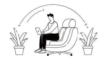 Man working at home with laptop black and white 2D cartoon character. Isolated outline of a man. Remote work monochrome flat spots illustration vector