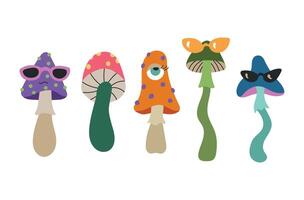 Set of groovy hippie psychedelic mushrooms fungus in 60s 70s style. Vibrant groovy and funky fungus. Vintage retro collection. vector